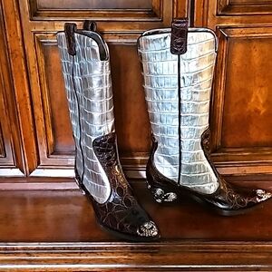 GIUSEPPE ZANOTTI DESIGN EMBELLISHED SILVER METALLIC & BROWN CROC BOOT! 7M - NIB!